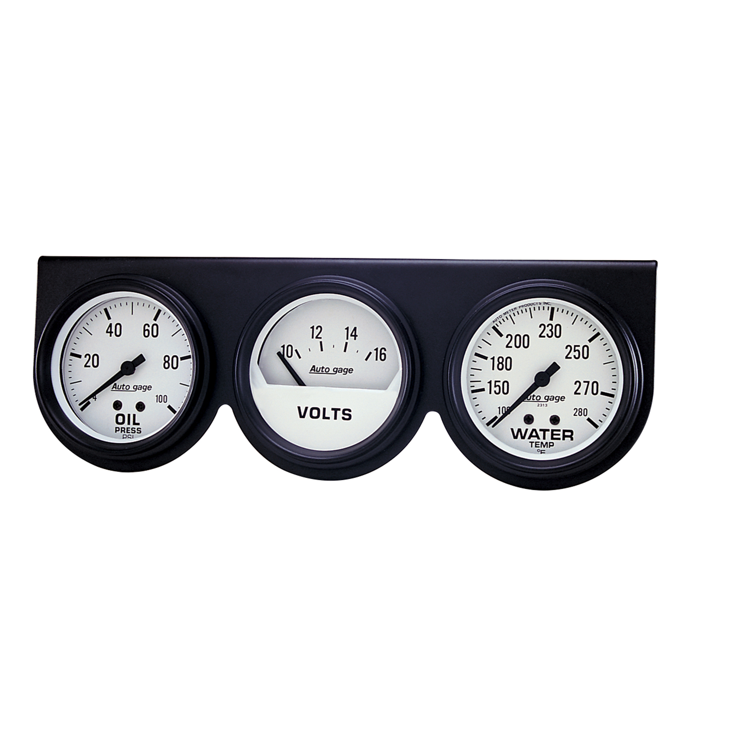 AutoMeter 2328 GAUGE CONSOLE, OILP/WTMP/VOLT, 2-5/8", 100 PSI/280 F/16V, WHT DIAL, BLK BZL, AG