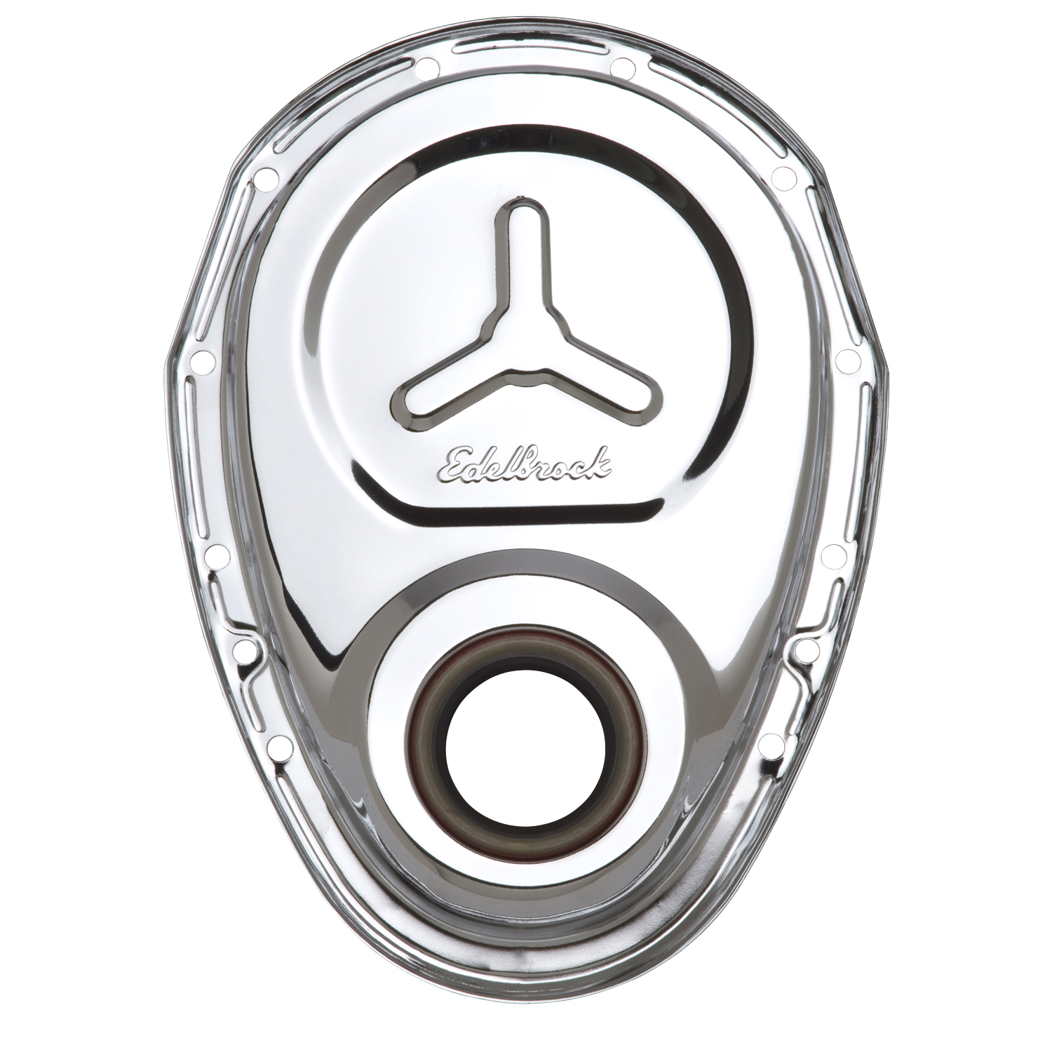 Edelbrock 4860 Timing Cover SBC Stamped Steel W/Welded Star & Logo Chrome