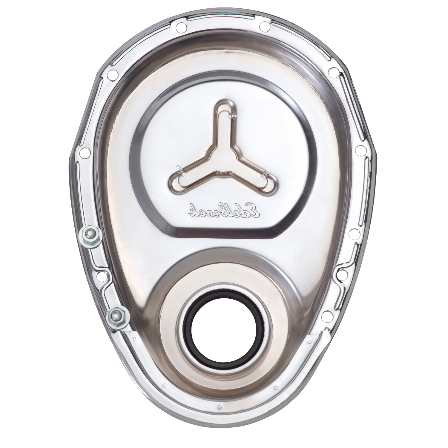 Edelbrock 4860 Timing Cover SBC Stamped Steel W/Welded Star & Logo Chrome