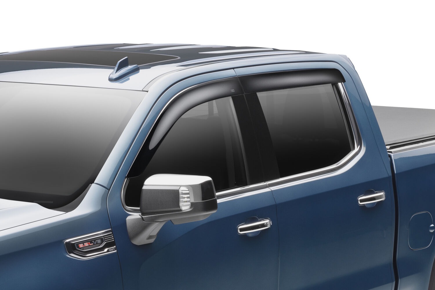 Low Profile Ventvisor Deflector; Smoke; Outside Mount; 4 pc. 2019-2026 Chevrolet Silverado 1500; 2019-2026 GMC Sierra 1500; 2020-2026 Chevrolet Silverado 2500 HD; 2020-2026 Chevrolet Silverado 3500 HD; 2020-2026 GMC Sierra 2500 HD; 2020-2026 GMC Sierra 3500 HD; 2022-2022 Chevrolet Silverado 1500 LTD; 2022-2022 GMC Sierra 1500 Limited