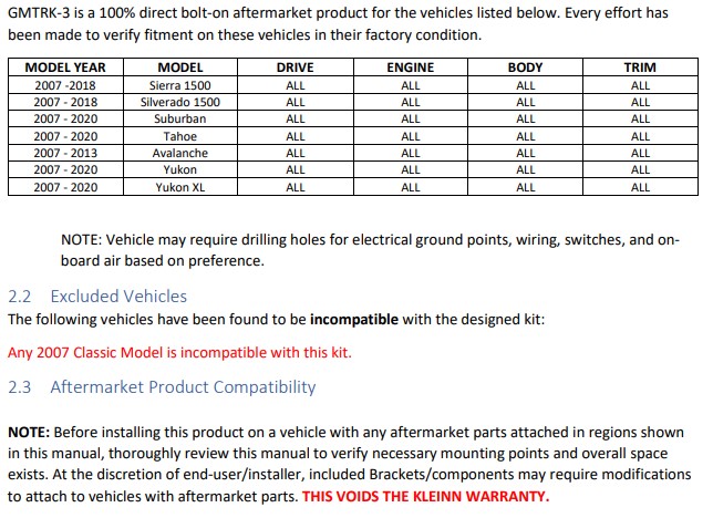Kleinn Automotive Accessories GMTRK-3 - GM Truck Kits