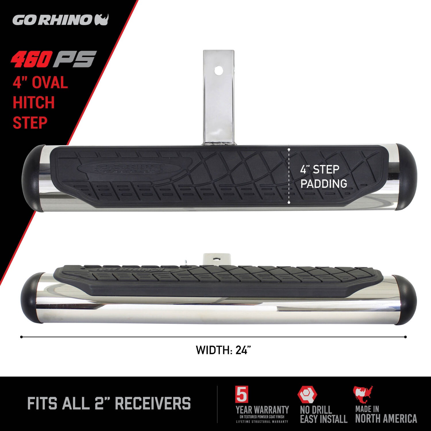 Go Rhino 460PS - Hitch Steps, Silver, Polished Stainless Steel