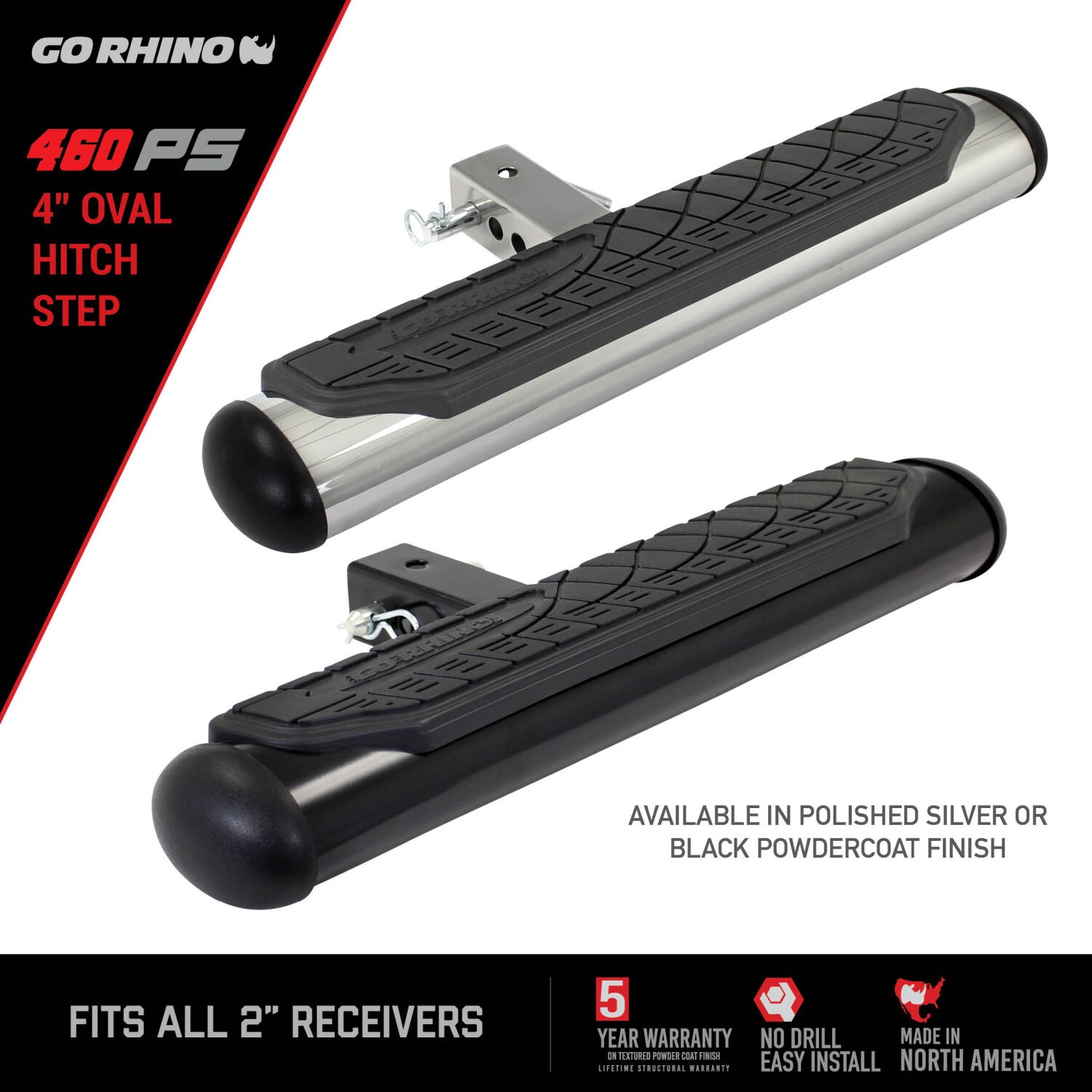 Go Rhino 460PS - Hitch Steps, Silver, Polished Stainless Steel